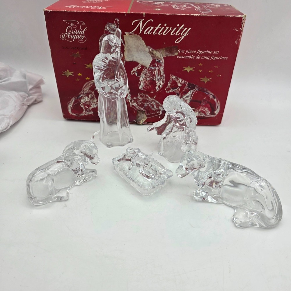 Vintage Cristal D'Arques 24% Lead Crystal 5 pc Nativity Figurine Box Set France